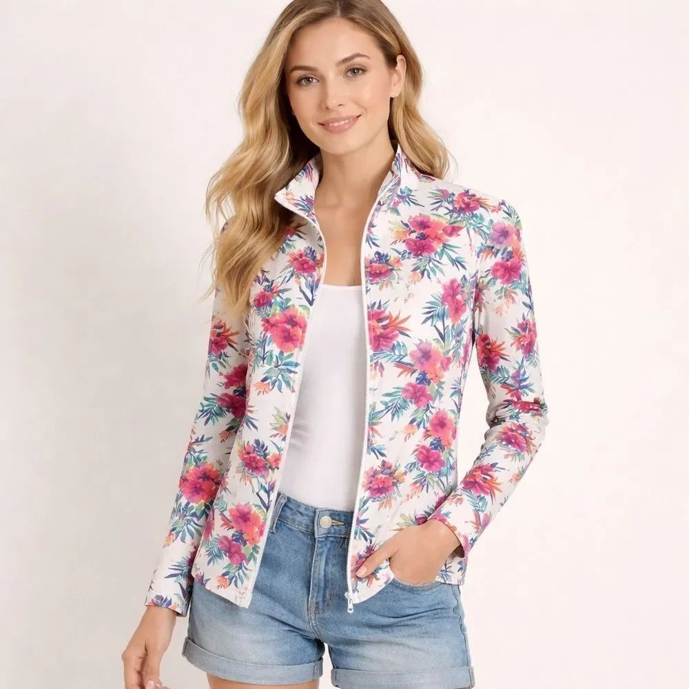 Tommy Bahama Women’s Floral Zip Up Jacket XS Petite Tropical Print Cotton